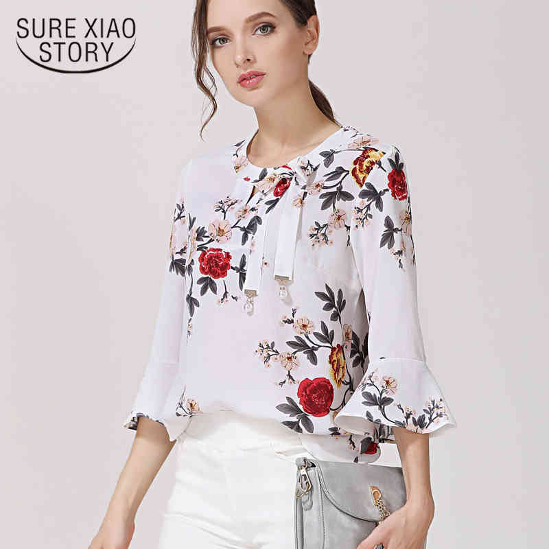Fashion Printed Chiffon Women Blouses Shirt Floral Flare Sleeve Summer Ladies Tops Feminine Blusas D278 30 210506