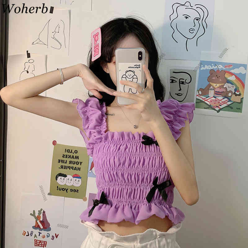 Summer Tops Solid Square Neck Short Fashion Blusas Mujer Tank Top Sweet Bow Patch Vinatge Girls Blouses Women 210519