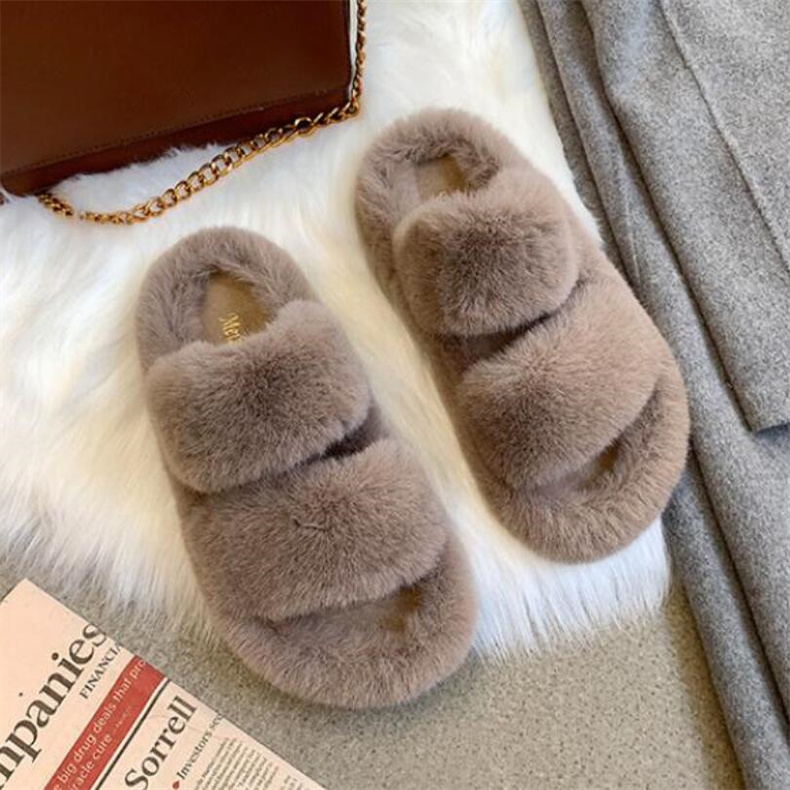 Comfortable Plush casual slippers women's autumn and winter sandals solid color indoor flat slippers