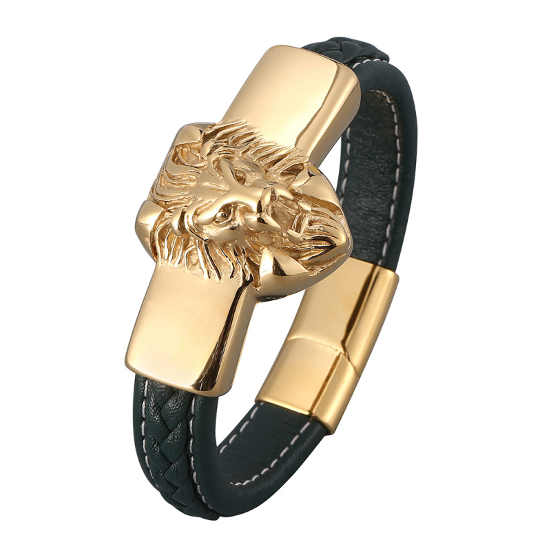 Hip Hop Men Jewelry Gold Plated Stainless Steel Lion Head Charm Leather Bracelet with Buckle