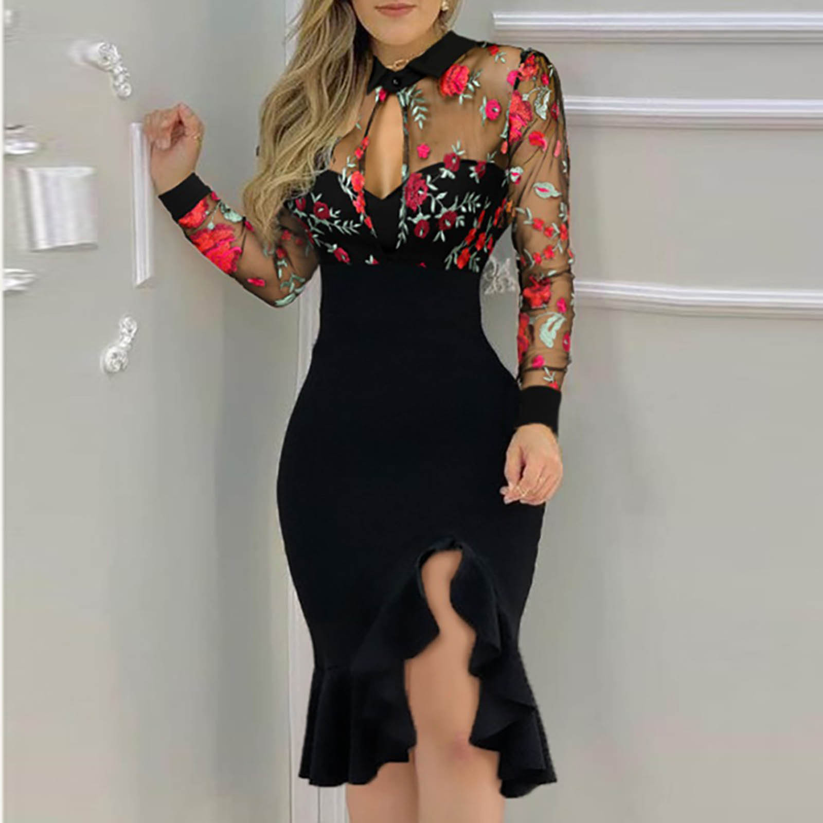 Sexy Short Black Mermaid Prom Dresses Long Sleeve Slit Ruffles Hem Floral Pattern Lace Cocktail Party Dress Special Occasion Gowns For Women Girls