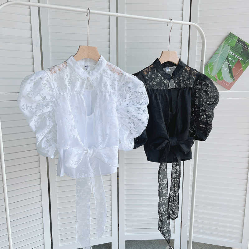 Court Women Fashion Summer Wear Cut-out Short Sleeve Thin Shirt Stand Neck White Black Solid Color Blusas De Mujer Blouse S790 210527