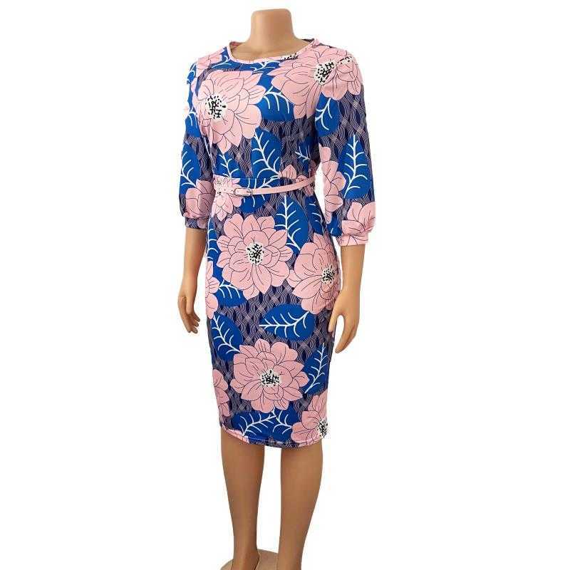 Women Bodycon Printed Dress Three Quarter Sleeves Midi Office Ladies Work Wear Elegant Classy Vestidos African Female Plus Size 210623