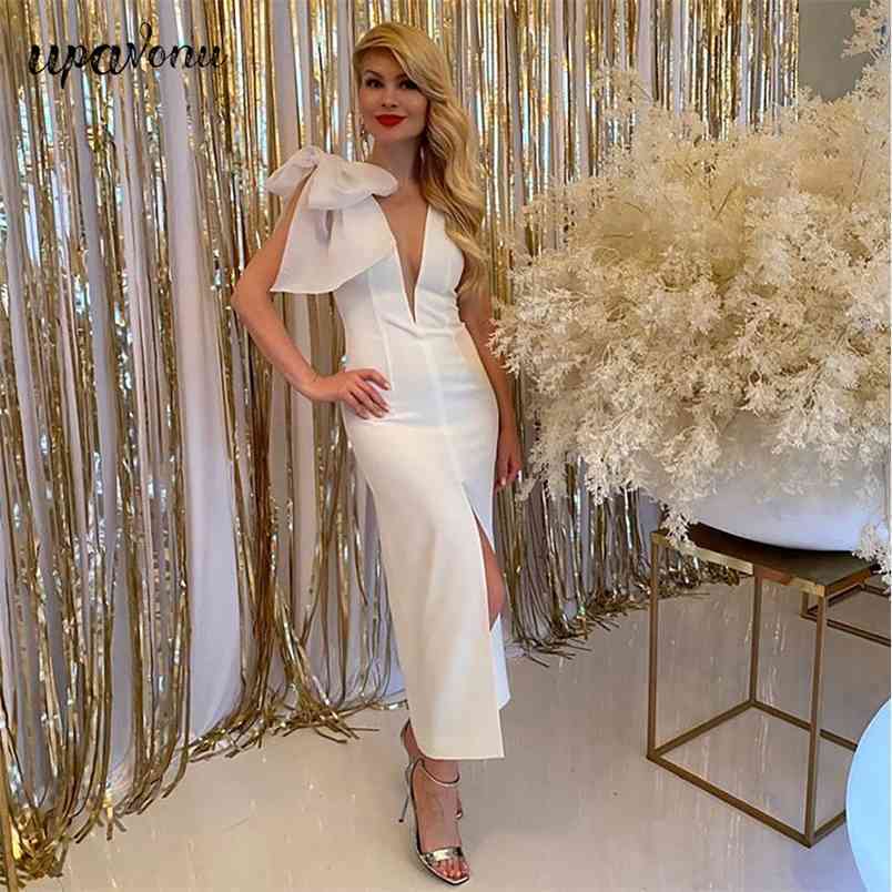 Free White Bandage Dress Women's Sexy V-neck Sleeveless Bodycon Split Celebrity Club Party Midi Vestidos 210524