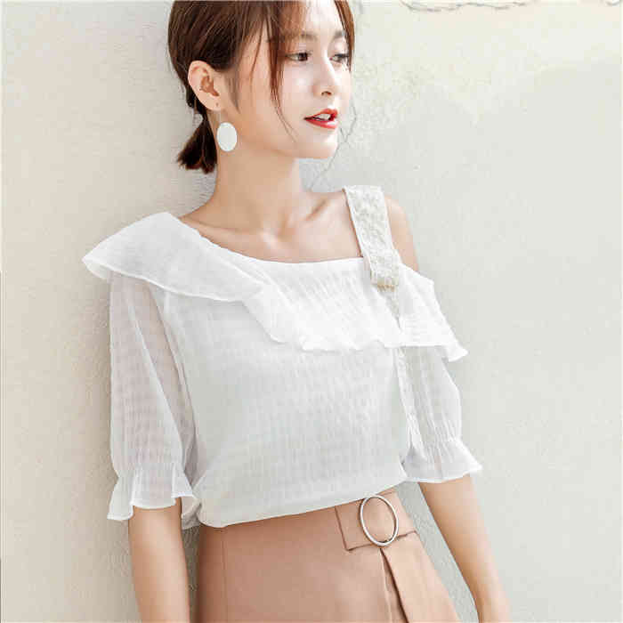 fashion sexy solid women tops short sleeved blouse slash neck summer sweet lady chiffon shirt 0509 40 210506