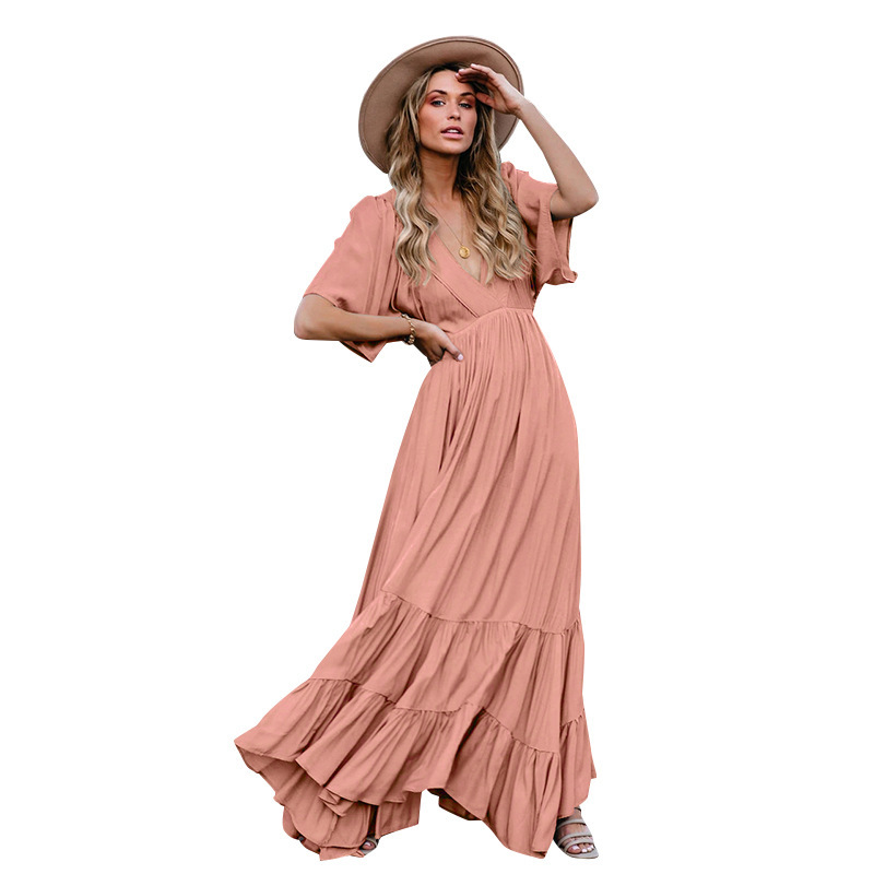 Women Dress V Neck Short Sleeve Bohemian es Ruffles Large Hem Maxi High Waist Loose Plus Size Beach es 210524