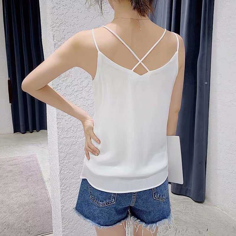 Korean Chiffon Tops Women V-neck Backless Tank Sexy Vest Black Crop Plus Size Woman Sleeveless Halter Camis 210531