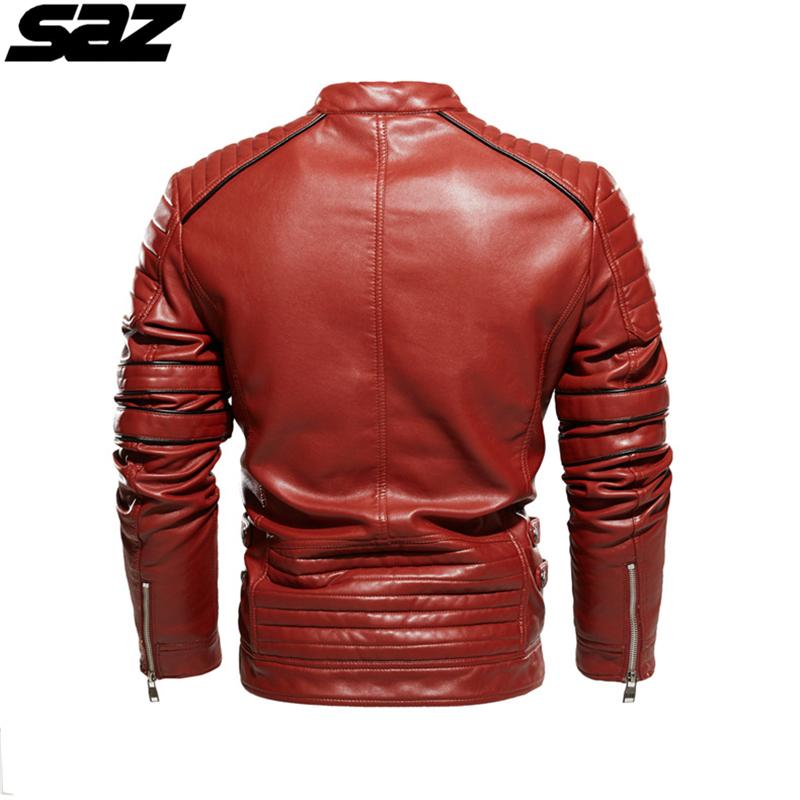 Saz Men Motorcycle Casusal Vintage Leather Jacket Coat Outfit Fashion Biker Pocket Design PU Men's Jackets