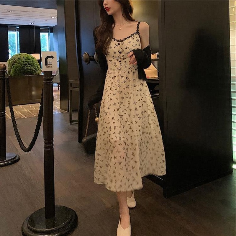 Summer Spaghetti Strap Floral Dress Women Slim Sleeveless Flower Midi Vintage Dress Female Party Dress Korean Y2k 210521