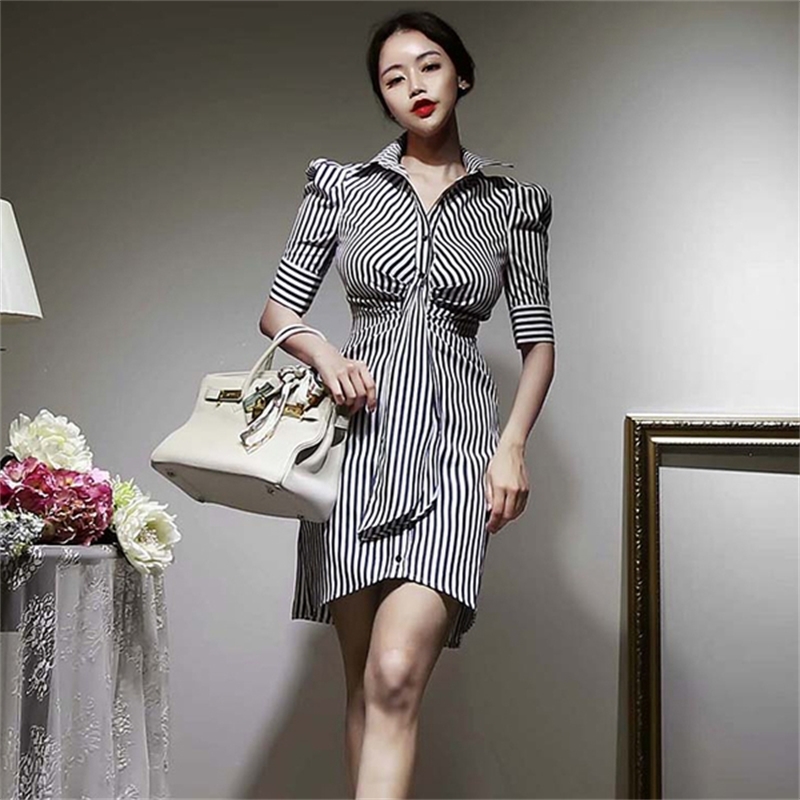 Fashion Women Stripe Shirt Dress Korea Temperament turn Down Collar Puff Sleeve High Waist Ruched Casual Mini 210519