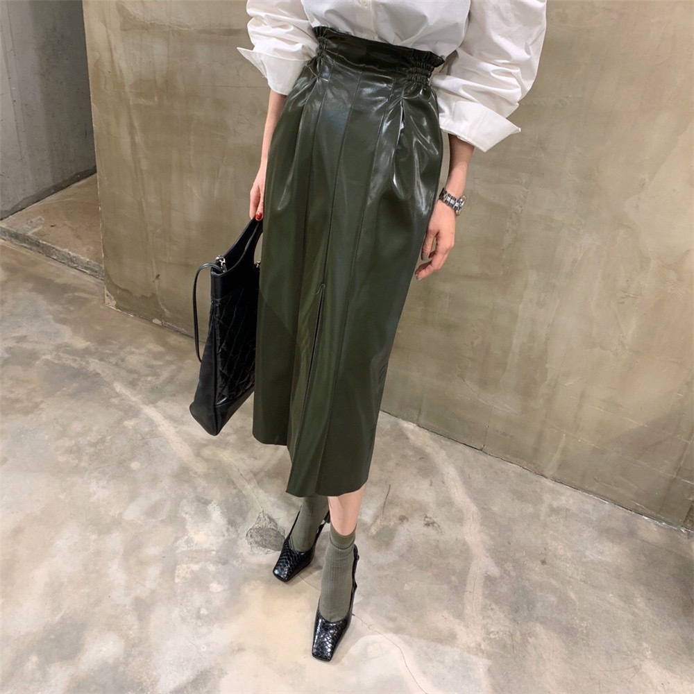Black Solid Sexy Formal PU Leather Elegant Long Skirt Women Autumn Spring High Waist Office Ladies Pencil Skirts 210421