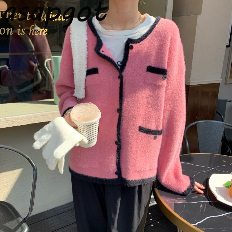 Loose Retro Gentle O Neck Long Sleeve Single Breasted Sweaters Jumpers Black Contrast Color Cardigan Knitted Jacket Women Pink 210429