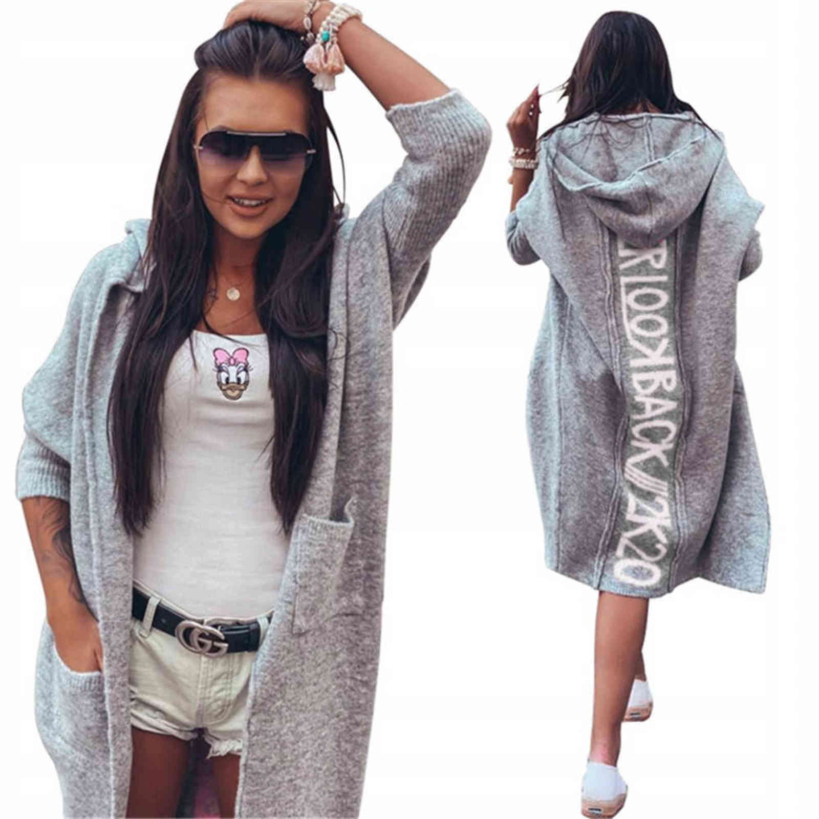 Women's Knitted Mid-length Hooded Cardigan Letter Stitching Knitted Sweater Women Jacket 211117