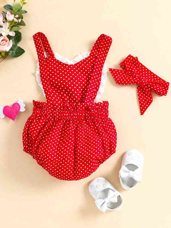 Baby Polka Dot Criss Cross Eyelet Embroidery Paperbag Waist Bodysuit With Headband Without Top SHE