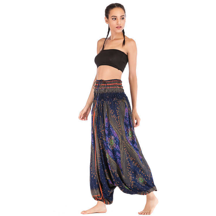 Bohemia National Print Elastici Waist Big Crotch Pants Female Loose Casual High Harem Thail Ladies Dance Baggy 210604