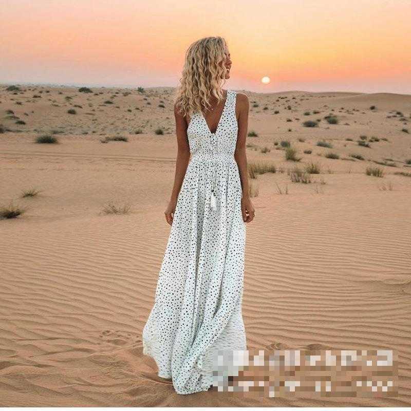Women Dresses Irregular Dot Print V Neck Sleeveless Long Slim Thin Pleated Plus Size Summer 210524