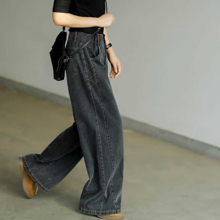 Black Straight Loose Jeans Women's Spring Vintage Denim Trousers Female High Waist Mom Drape Wide-leg Pants S-XXXL 210616