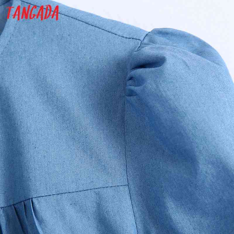 Women Blue Thin Denim Pleated O Neck Short Sleeve Ladies Vintage Mini Dress Vestidos BE436 210416