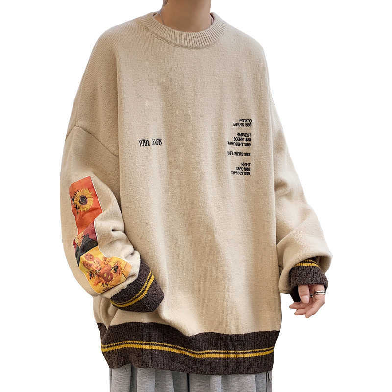 Oversized Sweater Men Pullovers O-neck Autumn Van Gogh Print Clothing Causal Harajuku Knitted Sweater Men Pullovers Streetwear H250221