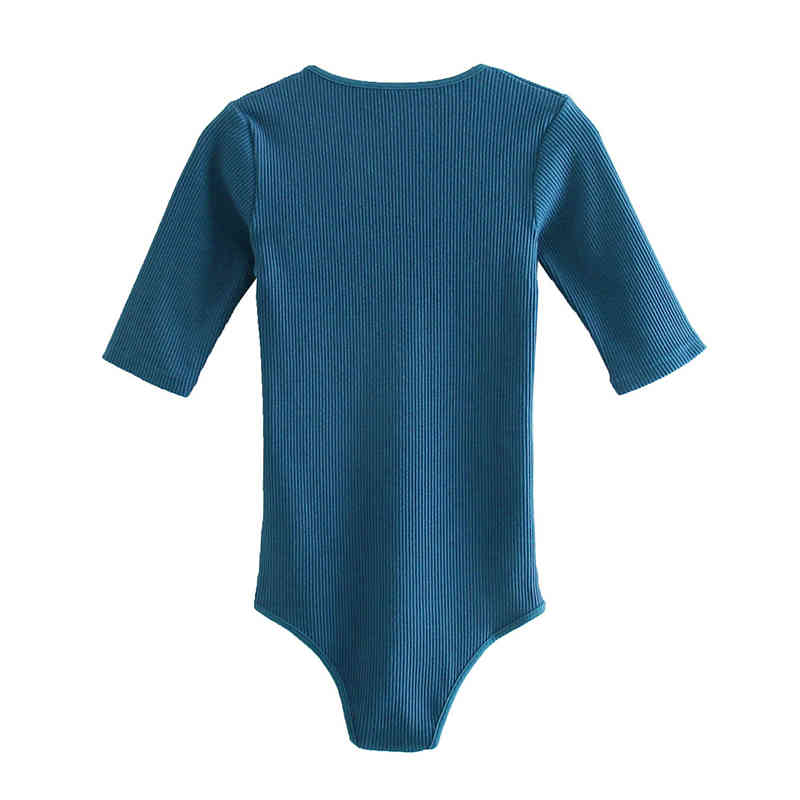 Elegant Women Elastic Slim Bodysuits Fashion Ladies Knitted Romper Streetwear Female Chic Solid Blue 210430