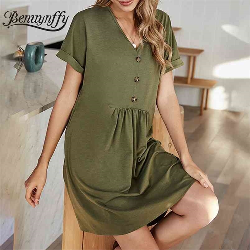 V-neck Button Casual Home Style Women Dresses Summer Short Sleeve Pleated Front Solid High Low Mini Dress 210510