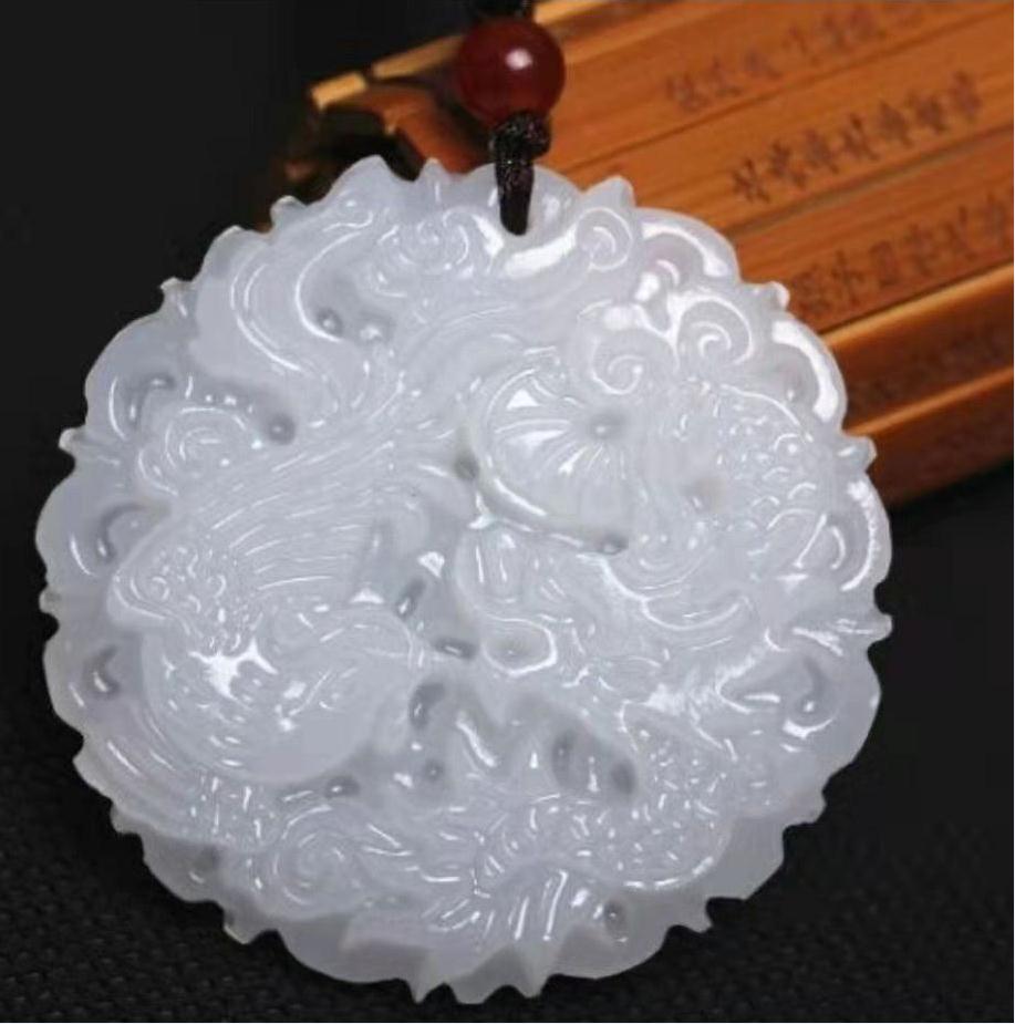 Natural Afghan White Jade Dragon and Phoenix Good Luck Pendant X11555