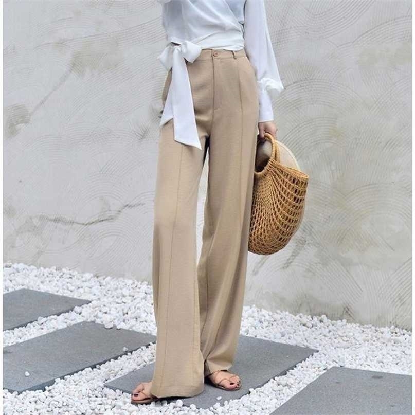 170-175cm Autumn Wide Leg Pants Women Elastic Waist Elegant Office Ladies Khaki Trousers Plus Length Purple Gray 211115