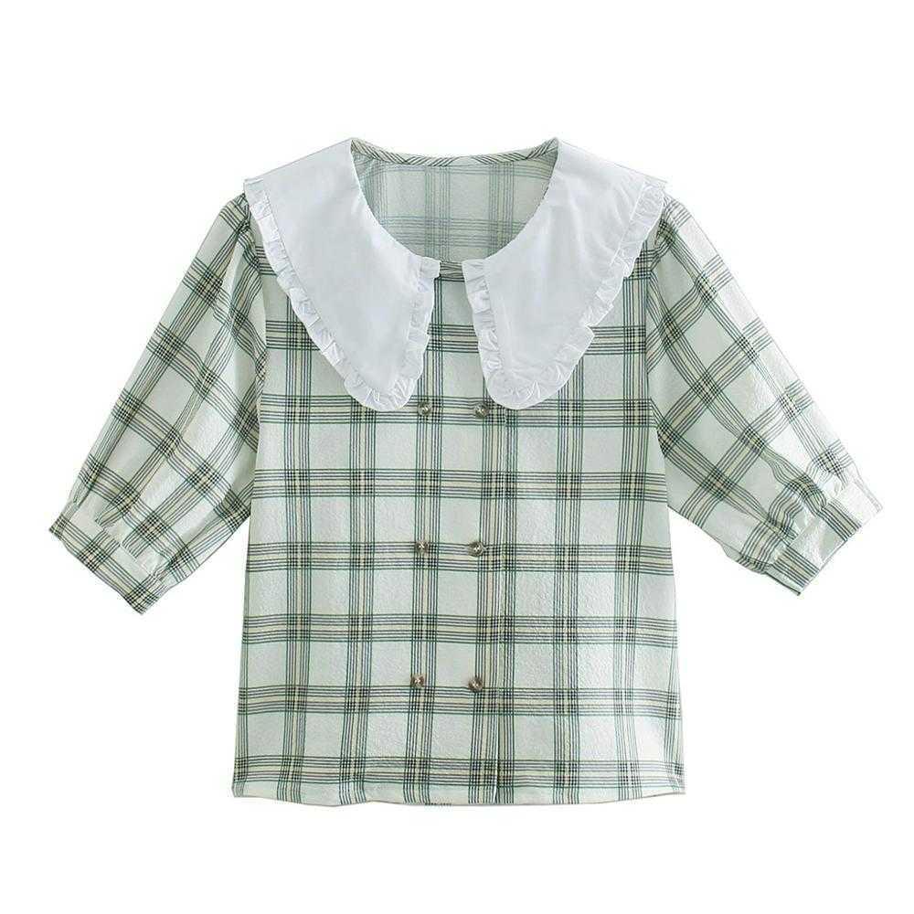 Women Plaid Shirt Spring Fashion White Collar Double Breasted Modern Lady Short Sleeve Blouse 210602
Women Plaid Shirt Spring Fashion White Collar Double Breasted Modern Lady Short Sleeve Blouse 210602