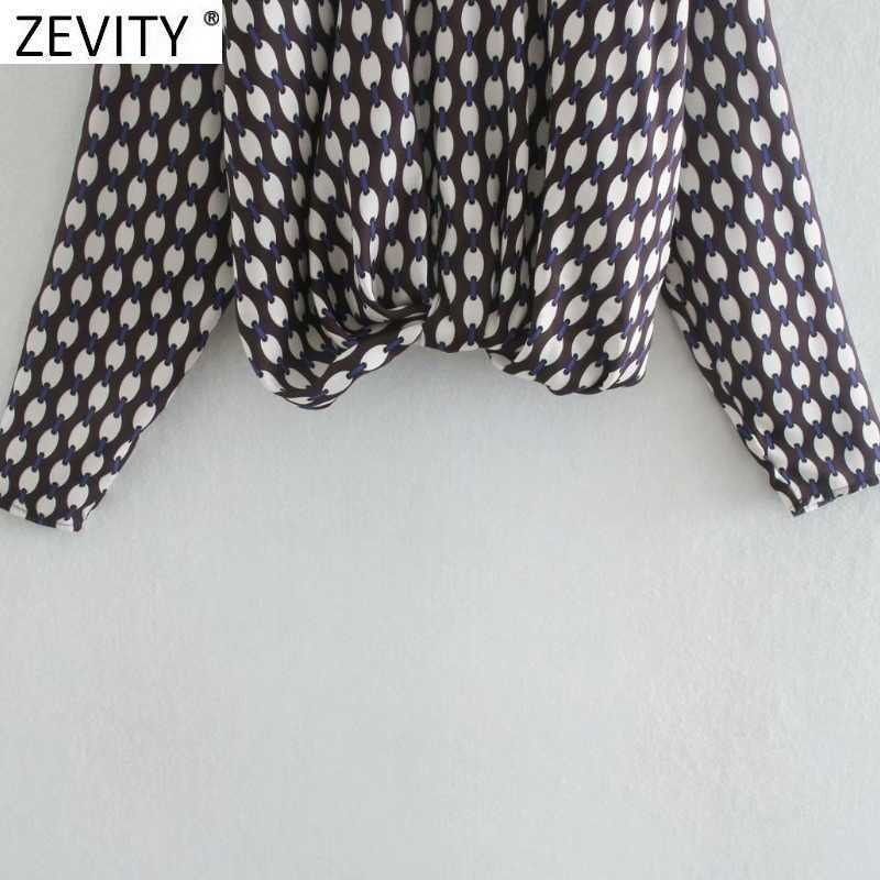 Zevity Women Vintage O Neck Hem Knotted Print Short Blouse Retro Office Ladies Long Sleeve Business Shirt Chic Blusa Tops LS7328 210603