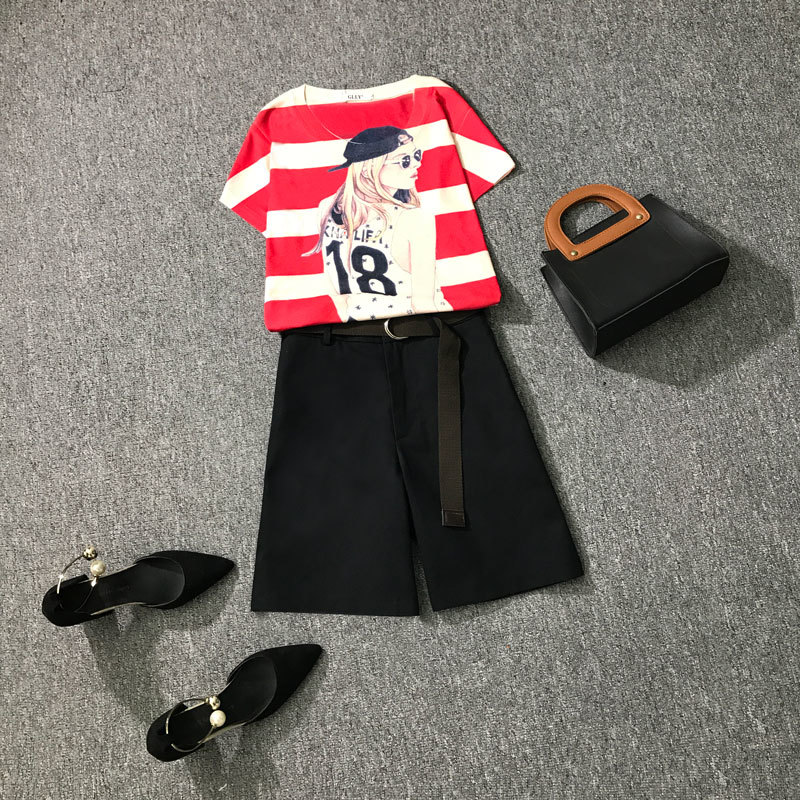 Women Summer Casual 2 piece set Vintage Print Ladies Short Sleeve Slim T-Shirt + Fashion Shorts Pants Suits Female 210506