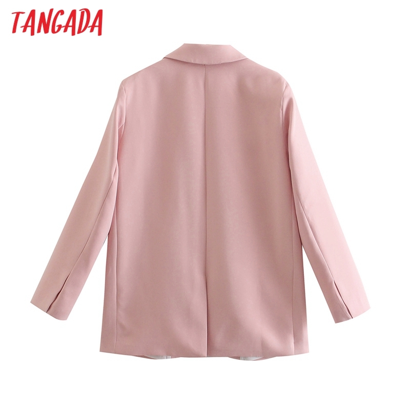 Women Solid Pink Blazer Coat Vintage Notched Collar Pocket Fashion Female Casual Chic Tops QJ135 210416