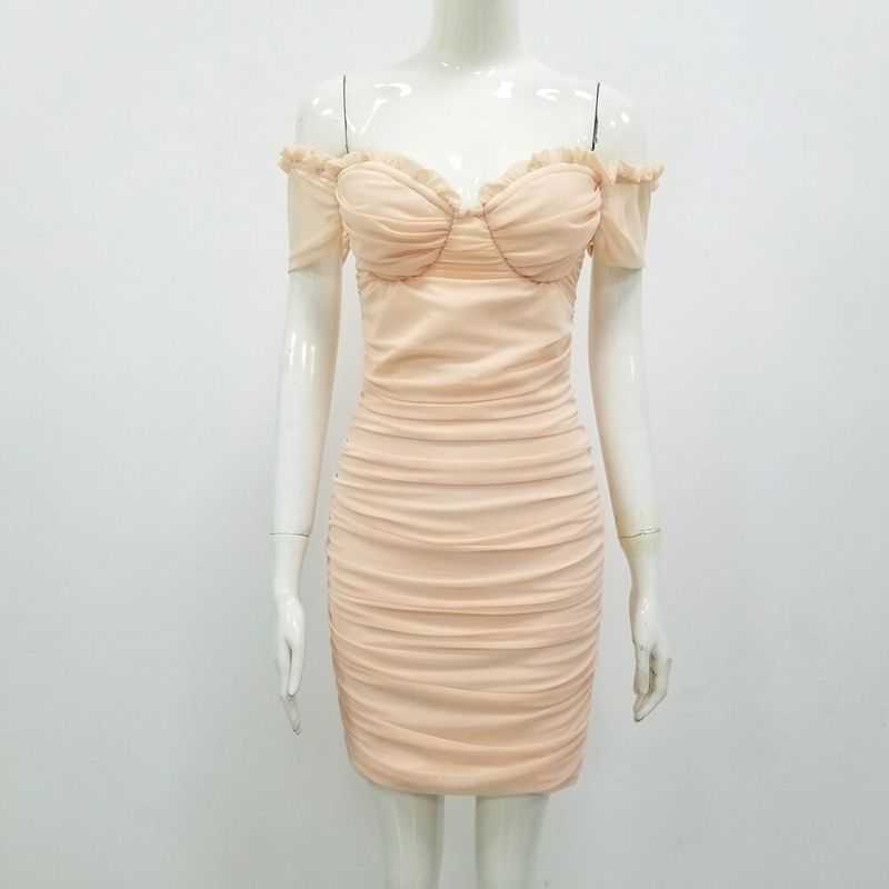 Fall High Quality Nude Muddy Neck Mesh Bodycon Rayon Bandage Mini Dress Elegant Strapless Sexy Party 210525