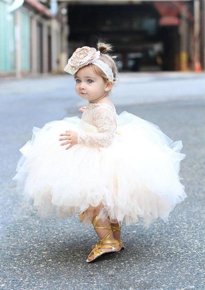 Ball Gown Tulle Baby Infant Flower Girls Dresses For Weddings With Lace Long Sleeves Toddler Pageant Party Gowns Custom Made