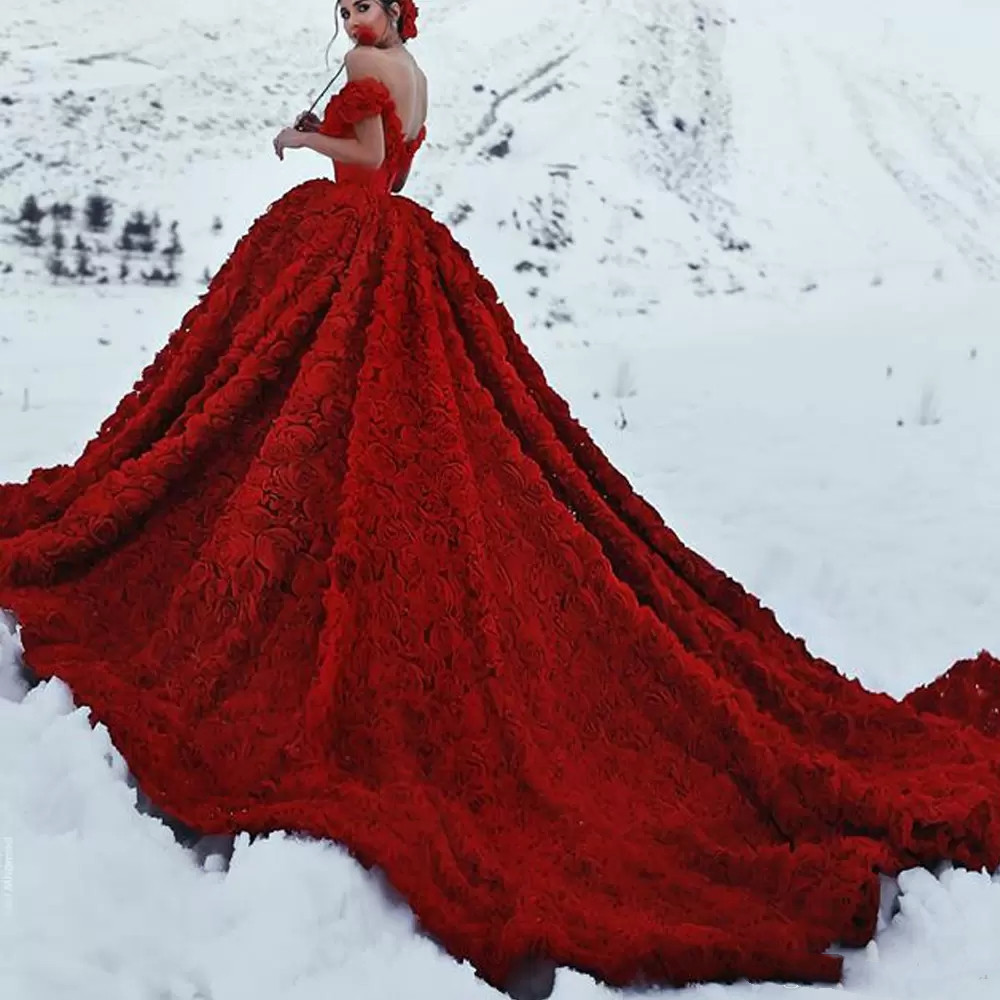 Ball Gown Prom Dresses Red Off the Shoulder Sweetheart Neckline Hand Made 3D Flowers Chapel Train Evening Dresses