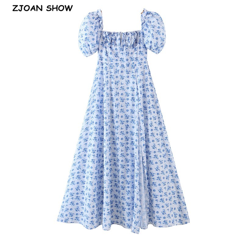 Floral Print Ball Gown Dress Puff Sleeve Retro Women Adjust Ruched Collar Hem Slit Swing Long Dresses Fairy Vestidos 210429