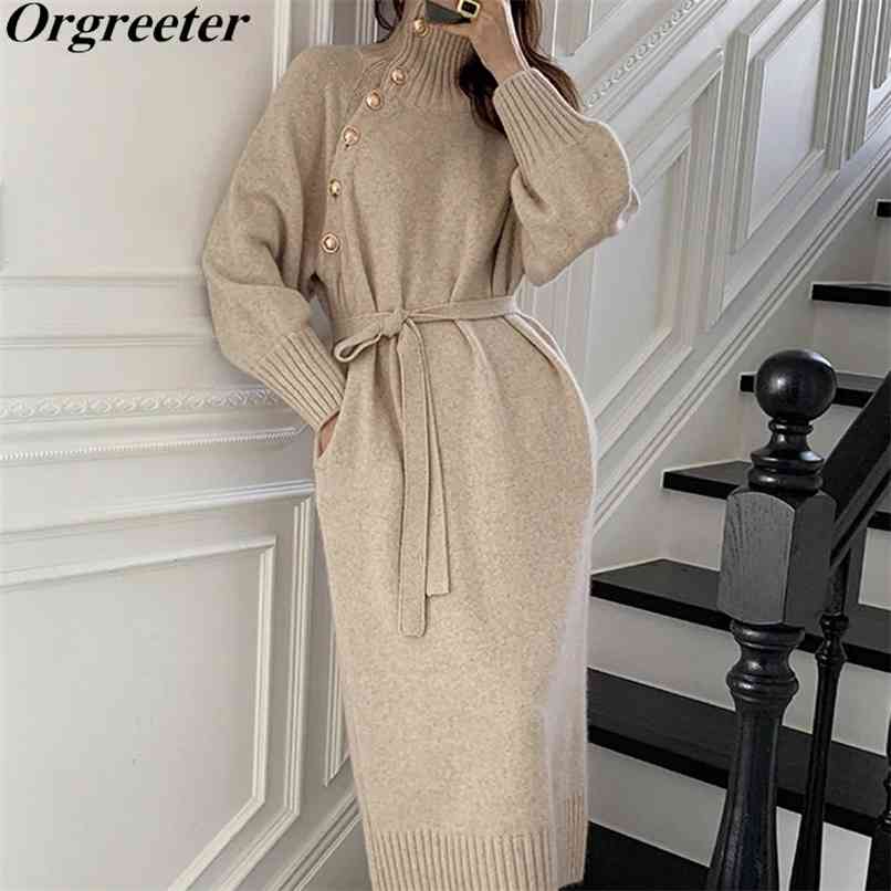 Fall Winter Elegant Turtleneck Knitted Dress Belt Slanted Buttons Batwing Sleeve Warm Thicken Pullover Slim Waist Sweater 210602, Beige
Fall Winter Elegant Turtleneck Knitted Dress Belt Slanted Buttons Batwing Sleeve Warm Thicken Pullover Slim Waist Sweater 210602, Beige