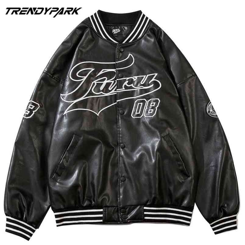 Men's Bomber Jacket Spring PU Leather Fabric Digital Letters Printed High Street Windbreaker Single Breasted Coat Clothing 210811
