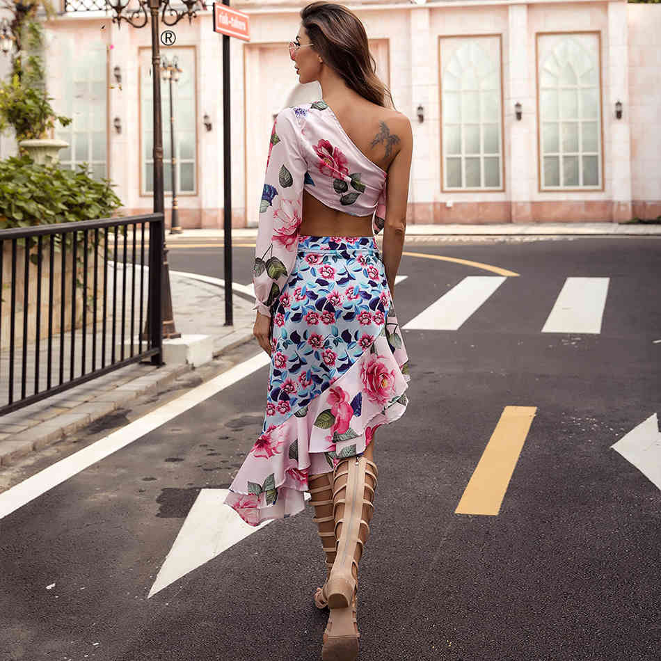 Free Printed Skirt Set Women Sexy Slanted Shoulder Lantern Long Sleeve Top & Irregular Ruffled Midi Two-piece 210524