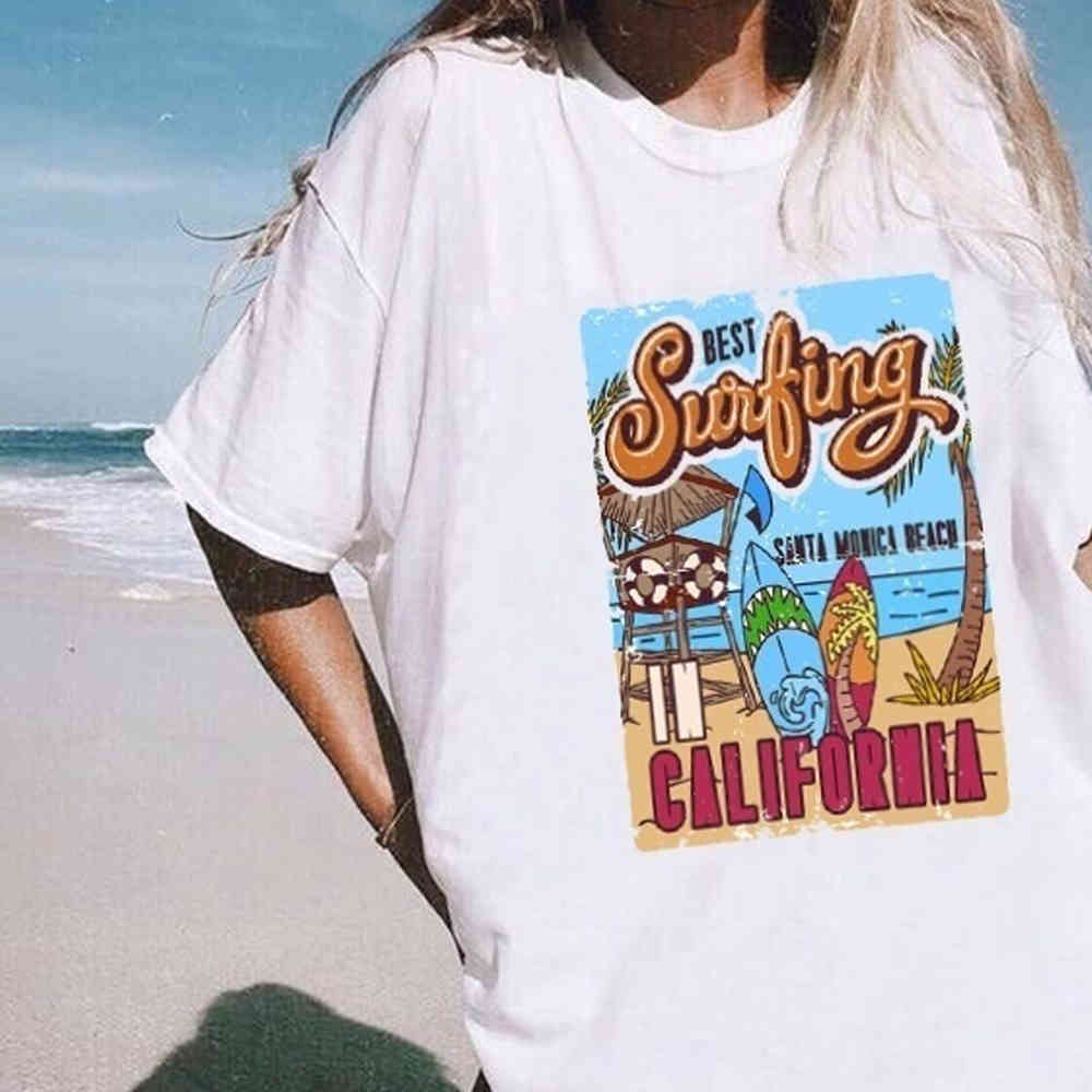 Vacation Beach T Shirt Summer White Tee The Best Surfing Women's Retro Style T Shirt Casual Oversized Tee 210406