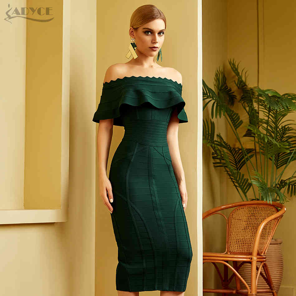 Summer Women Green Off Shoulder Bandage Dress Sexy Short Sleeve Midi Club Celebrity Evening Runway Party Dresses 210423