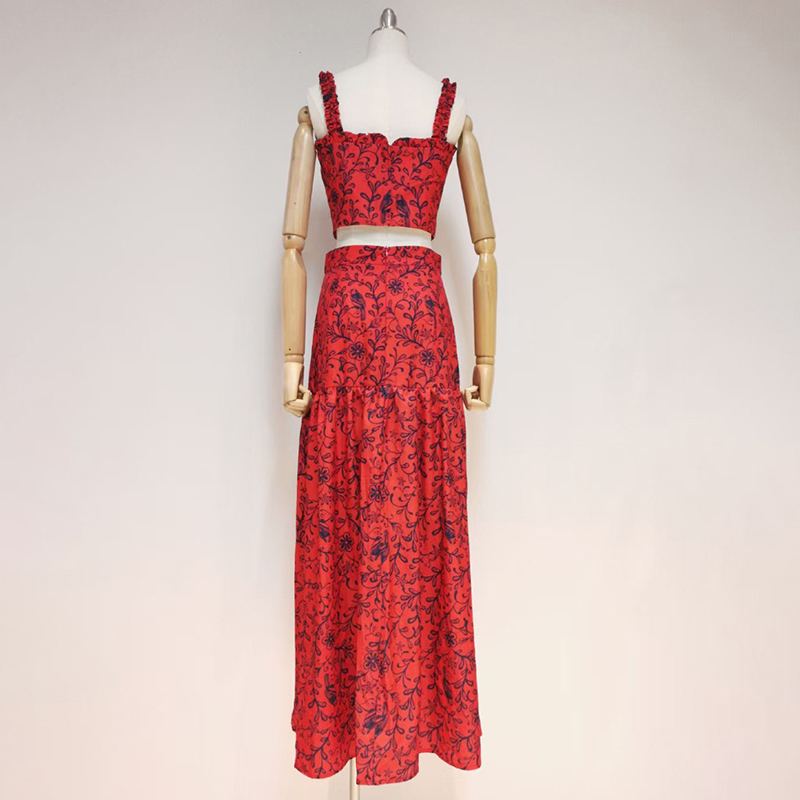 VGH Floral Print Vintage Dress For Women Square Collar Sleeveless Short Tops High Waist Midi Skirts Casual Sets Female Tide 210421