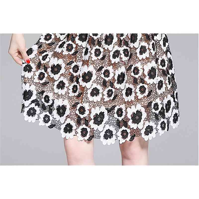 Vintage Embroidery Women Dress Turn-down Collar Short Sleeve High Waist Hollow Self Portrait Dresses 210520