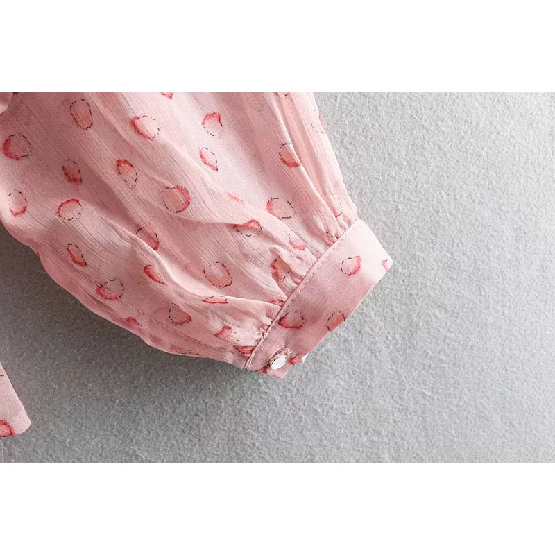 Sweet Small Fruit Print Ruffles Silk Blouse Spring Summer Cute Girls Stand Shirts Long Sleeve Casual Female Blusas 210520