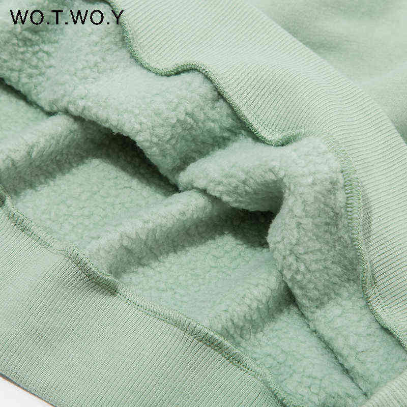 WOTWOY Autumn Winter Fur-Liner Oversized Sweatshirt Women Casual Thickening Fleece Pullovers Female Soft Warm Green Tops 211109