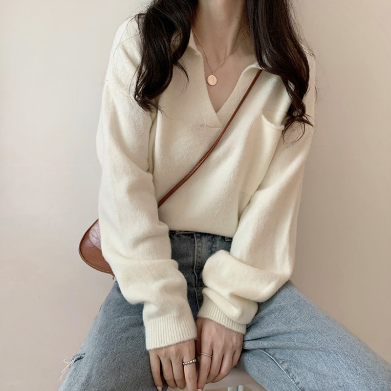 Women V-neck Pullover and Sweaters Solid Casual Knit Pull Jumpers Autumn Winter Knitted Sweater Tops Femme 210519