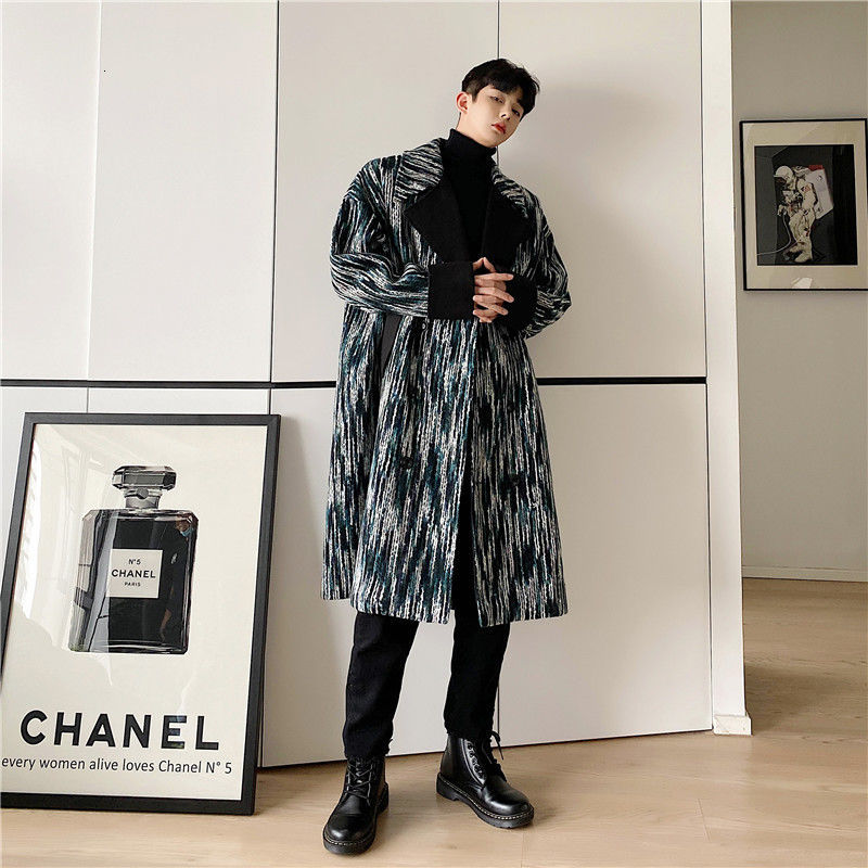 IEFB Korean fashion long coat for men tree pattern woolen overcoat men's color block lapel long sleeeve big size clothes 9Y4407 210524