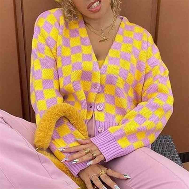 Women's Sweater Cardigan Knitted V-neck Argyle Long Sleeve Single Breasted Short Sweaters Female Autumn Winter Sweet Cardigans 210914
