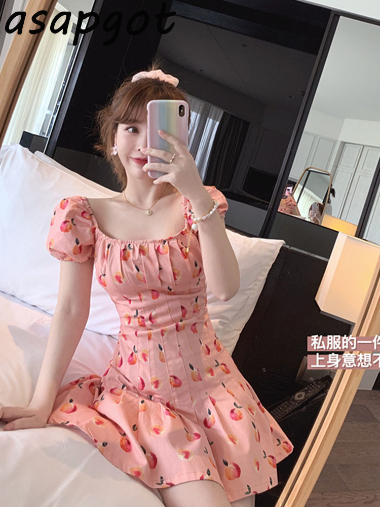 2 Style Korean Chic Sweet Girls Plus Size Square Neck Floral Dress Women Peach Pink Summer Temperament Waist Slim Mini Vestidos 210429
