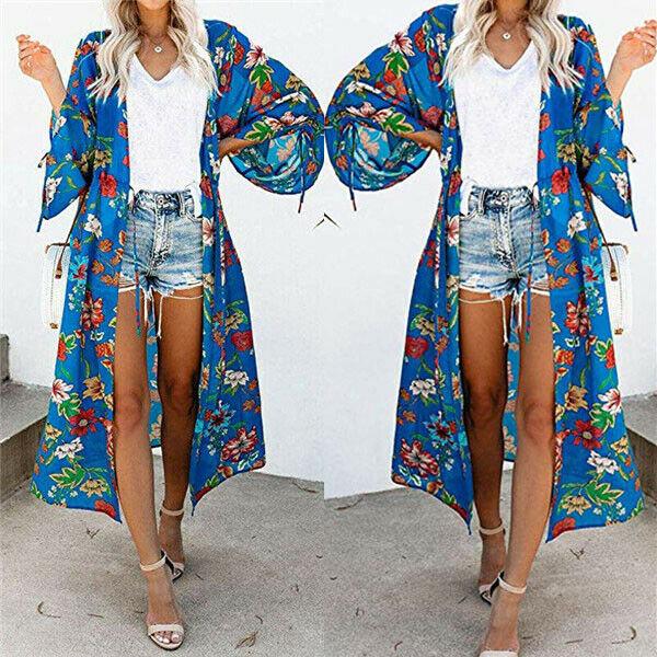 Summer Women Flower Kimono Beach Cardigan Bikini Cover Up Wrap Top Beachwear Long Dress Casual Dresses