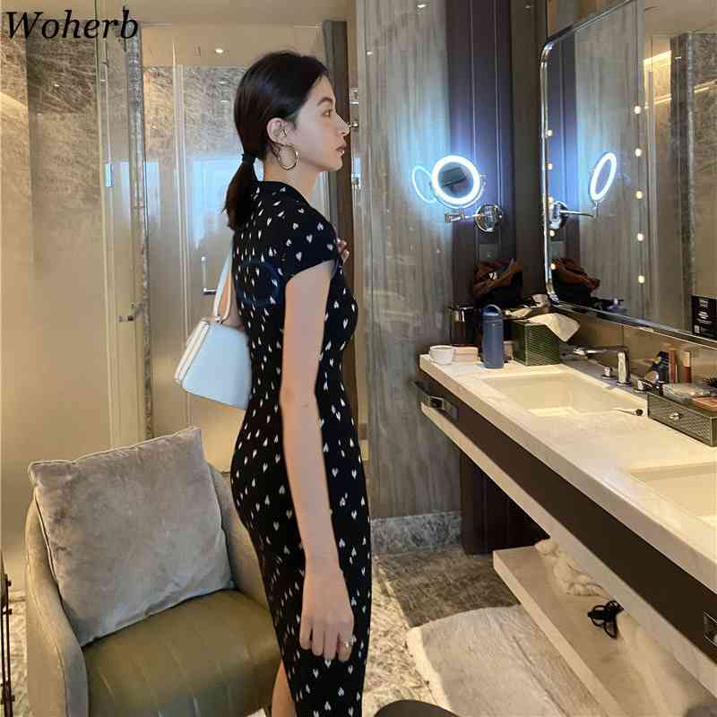 Knitted Sexy Vestidos Elegant Heart Print Black Dress Chic V-Neck Bodycon Pencil Robe Women All Match Dresses Femme 210519